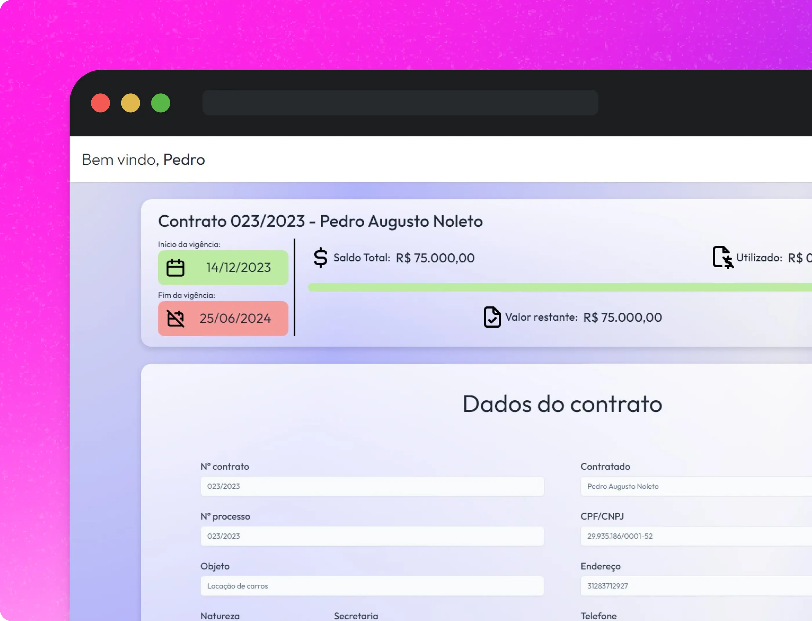 imagem do sistema na área de contratos